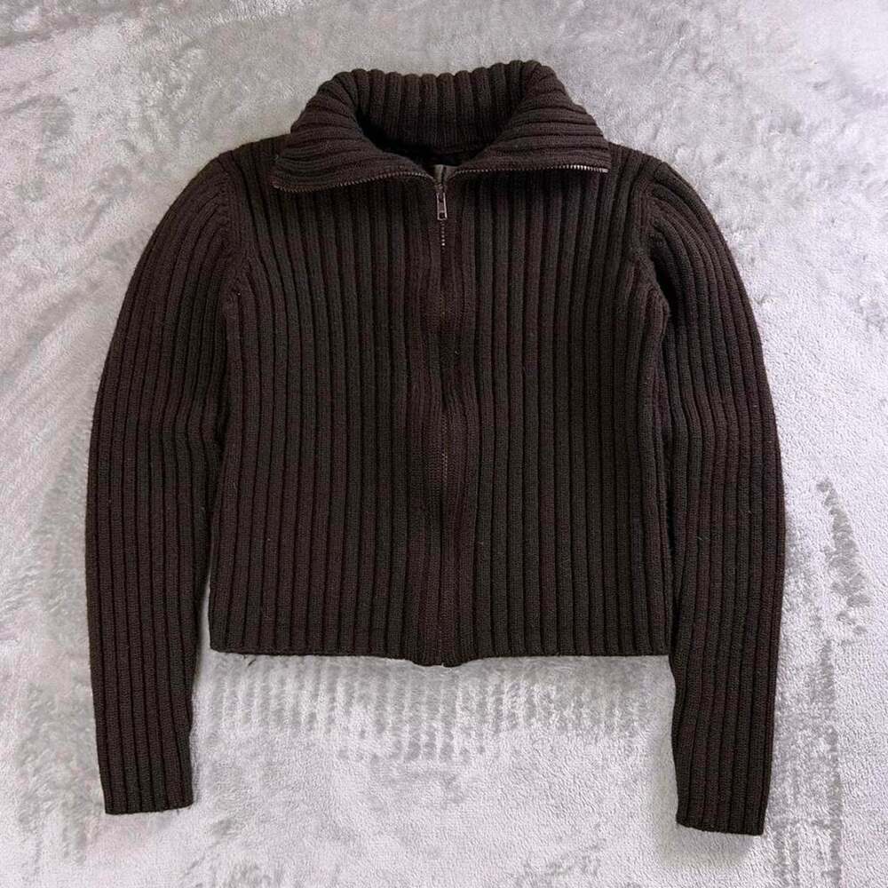 Jigsaw Womens Size 2 Brown Pure New Wool Ribbed Knit Full Zip Cardigan Sweater